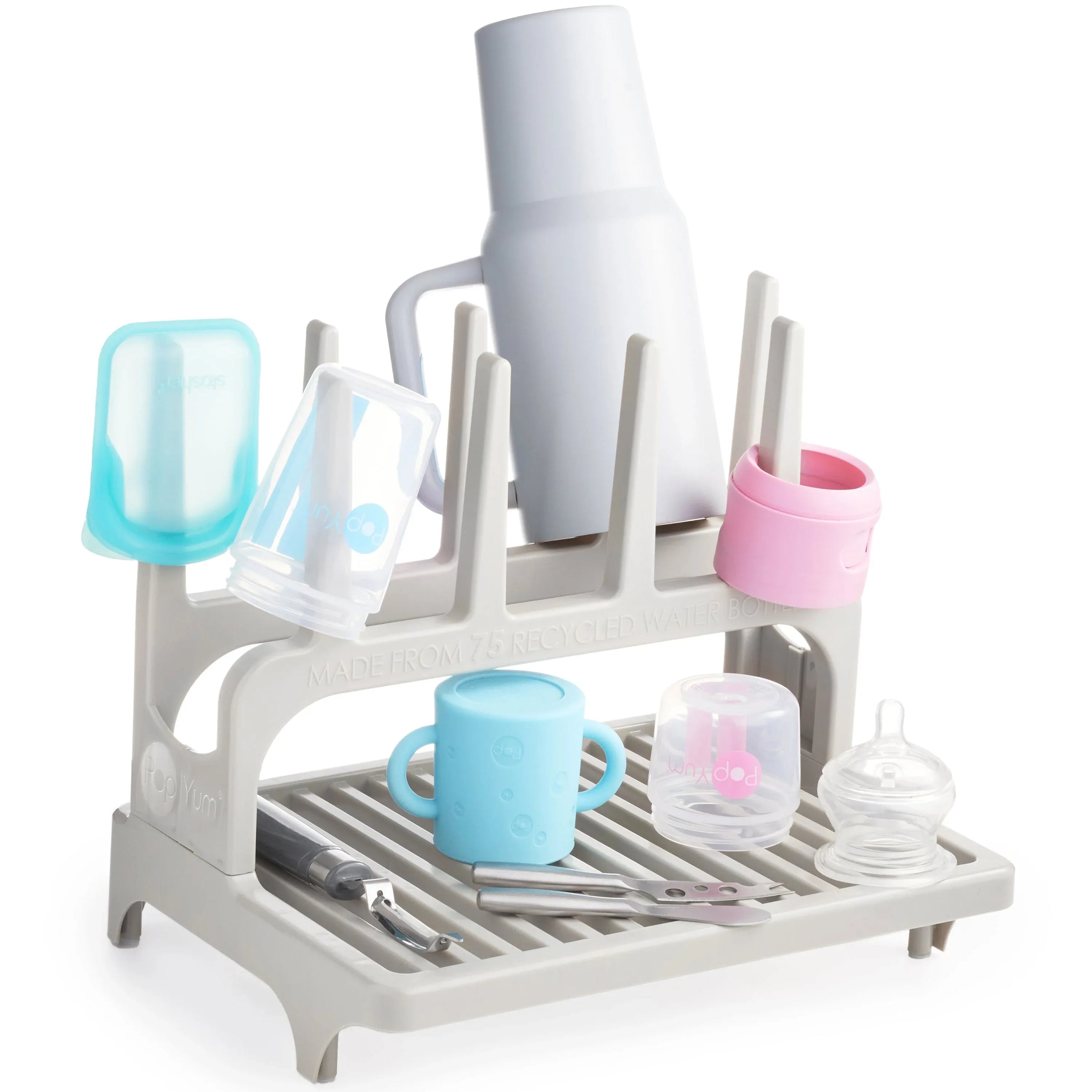 PopYum Seattle Gray Space Saving Drying Rack from 100% Recycled Bottles, countertop for Baby Bottle, Plastic Bags, Cups, Glass, tumblers, Compact - BIG FRENCHIES