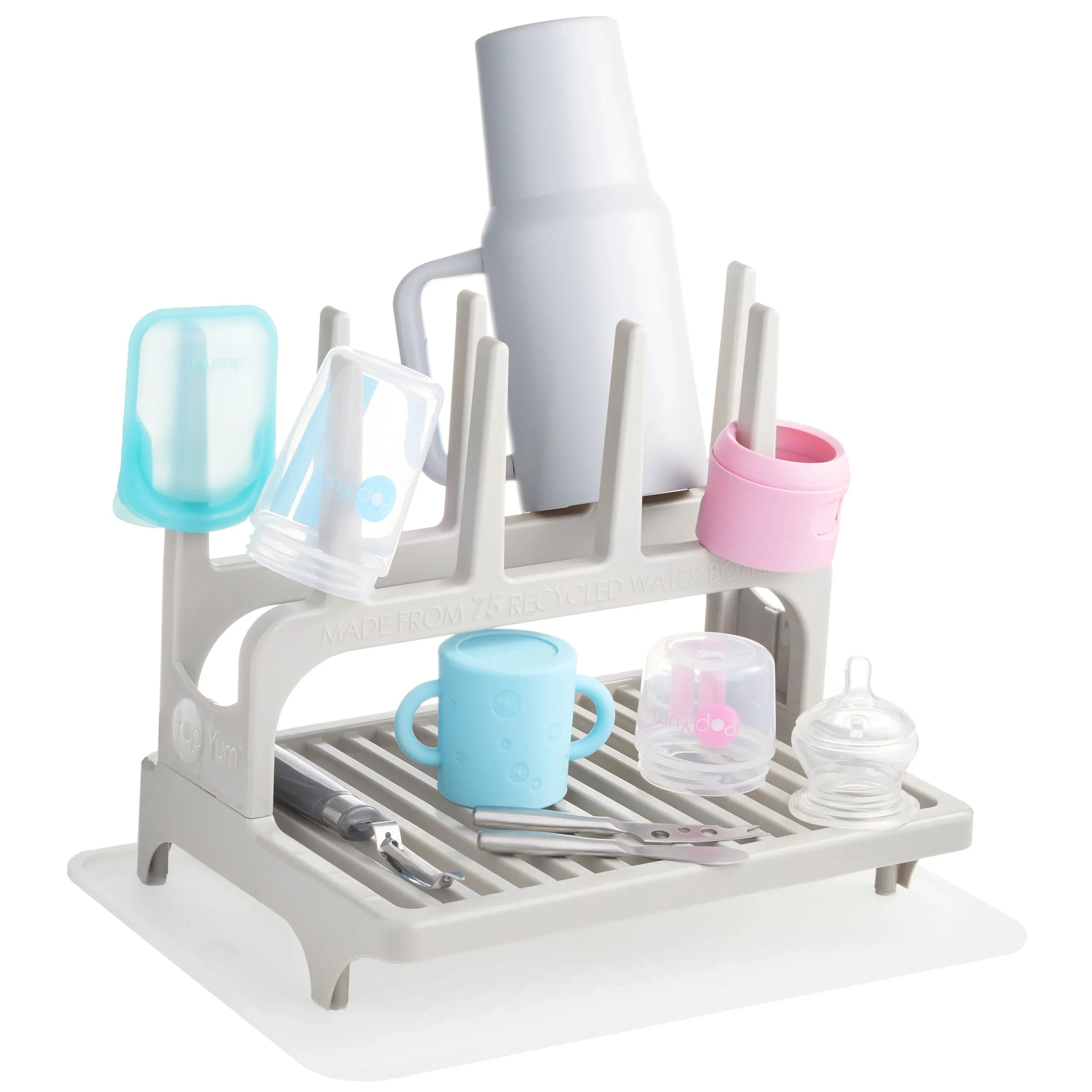 PopYum Seattle Gray Drying Rack from 100% Recycled Bottles with Silicone Drying Mat, countertop for Baby Bottle, Plastic Bags, Cups, Compact - BIG FRENCHIES