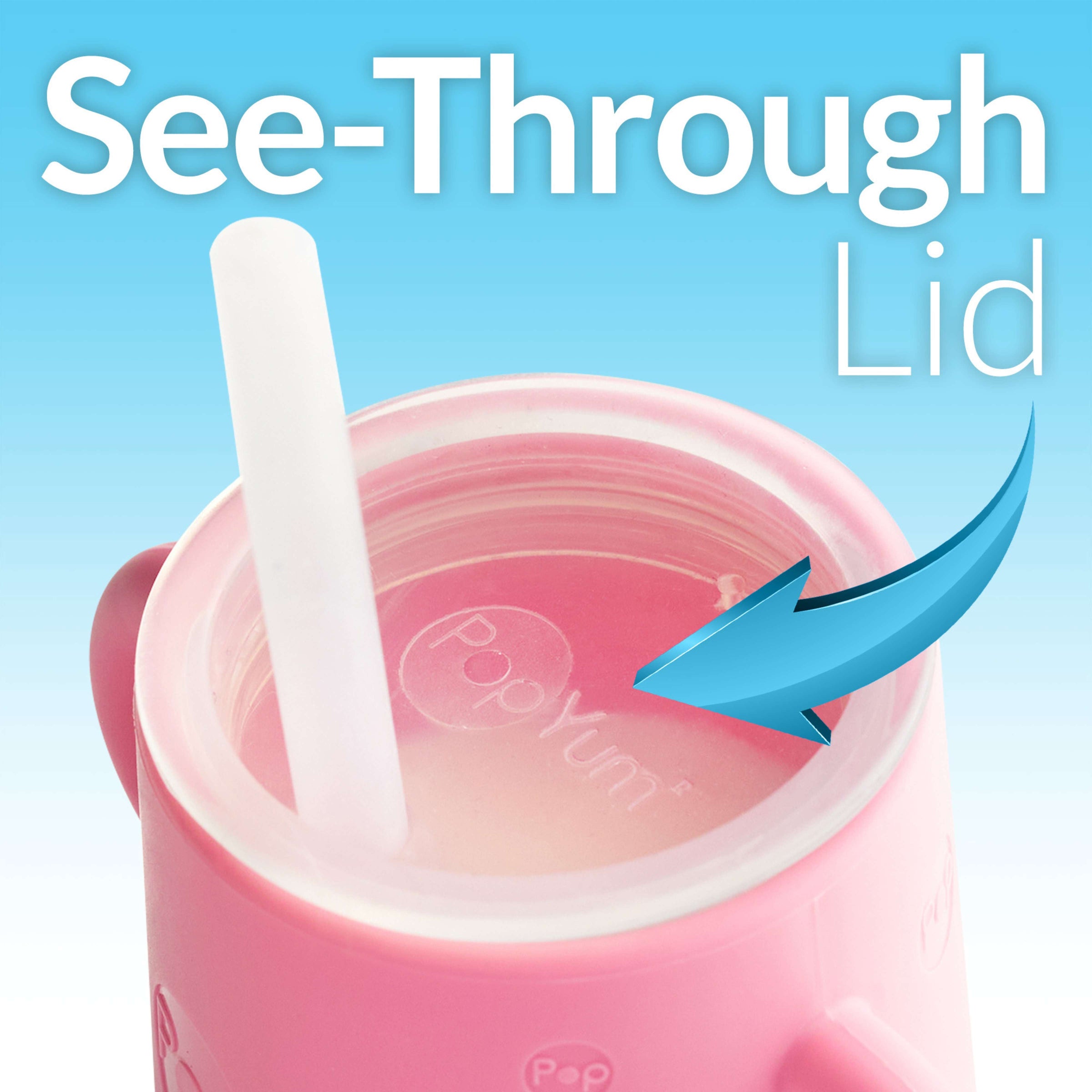 PopYum Silicone Training Cup with Straw + Lid, 2-Pack for Baby, Infant and Toddler, Tumbler, Sippy, handles, 5 ounce (green, pink)