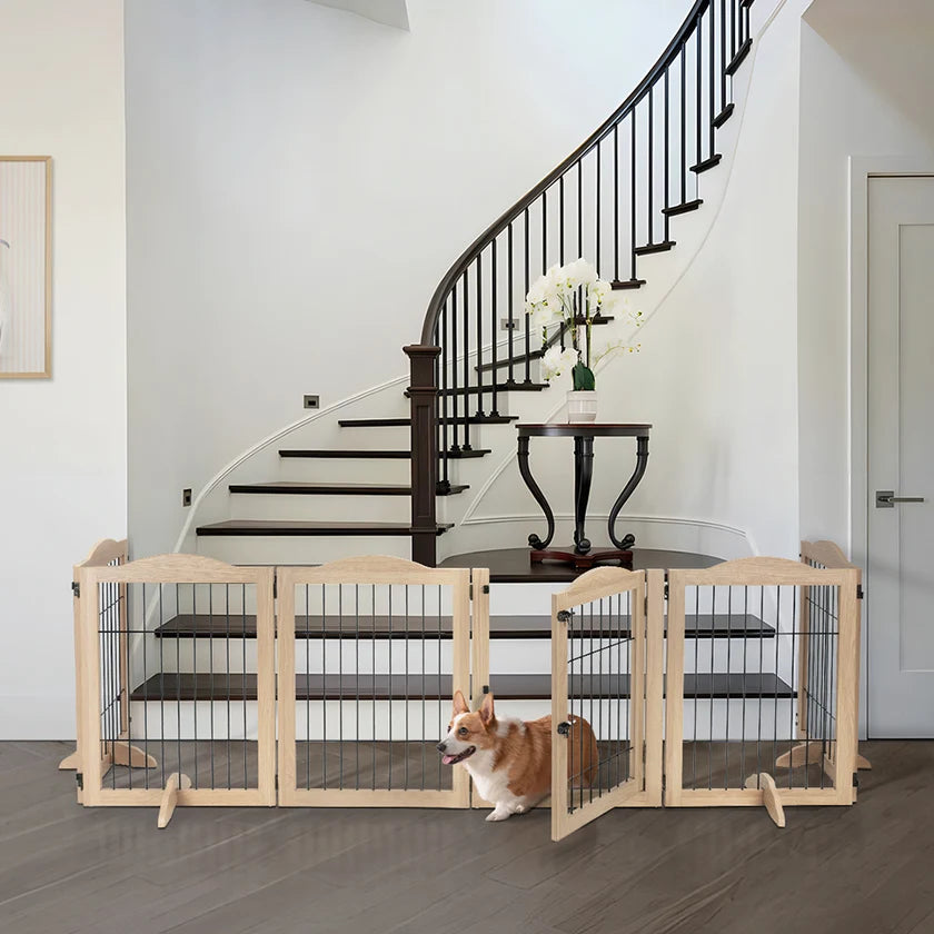 6-Panel Freestanding Solid Wood Dog Gate with Lockable Door, 132"L x 31.5"H – Foldable Pet Gate & Playpen, No Wall Mounting Required