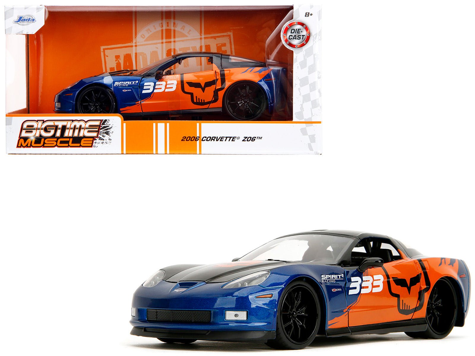 2006 Chevrolet Corvette Z06 #333 "Spirit Racing" Blue Metallic and Orange with Black Hood and Top "Bigtime Muscle" Series 1/24 Diecast Model Car by Jada  free shipping USA