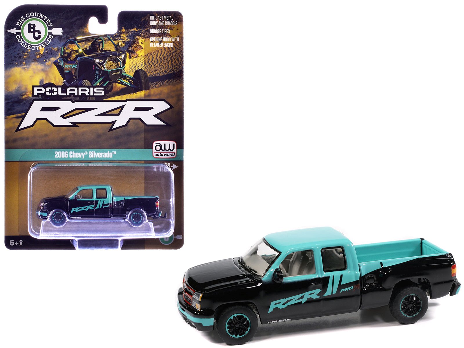 2006 Chevrolet Silverado Pickup Truck "Polaris RZR" Black and Blue "Big Country Collectibles" 2025 Series 1/64 Diecast Model Car by Auto World  free shipping USA