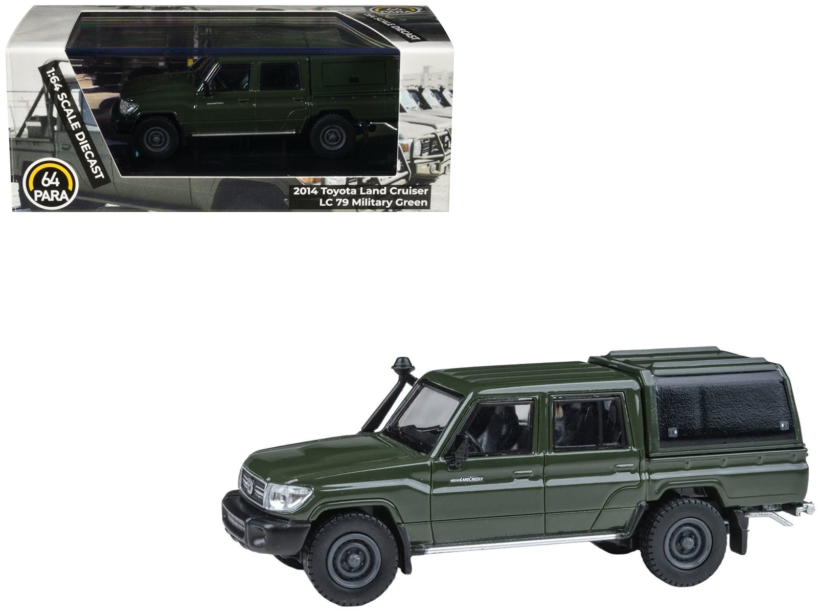 2014 Toyota Land Cruiser LC 79 with Camper Shell Military Green 1/64 Diecast Model Car by Paragon Models  free shipping USA