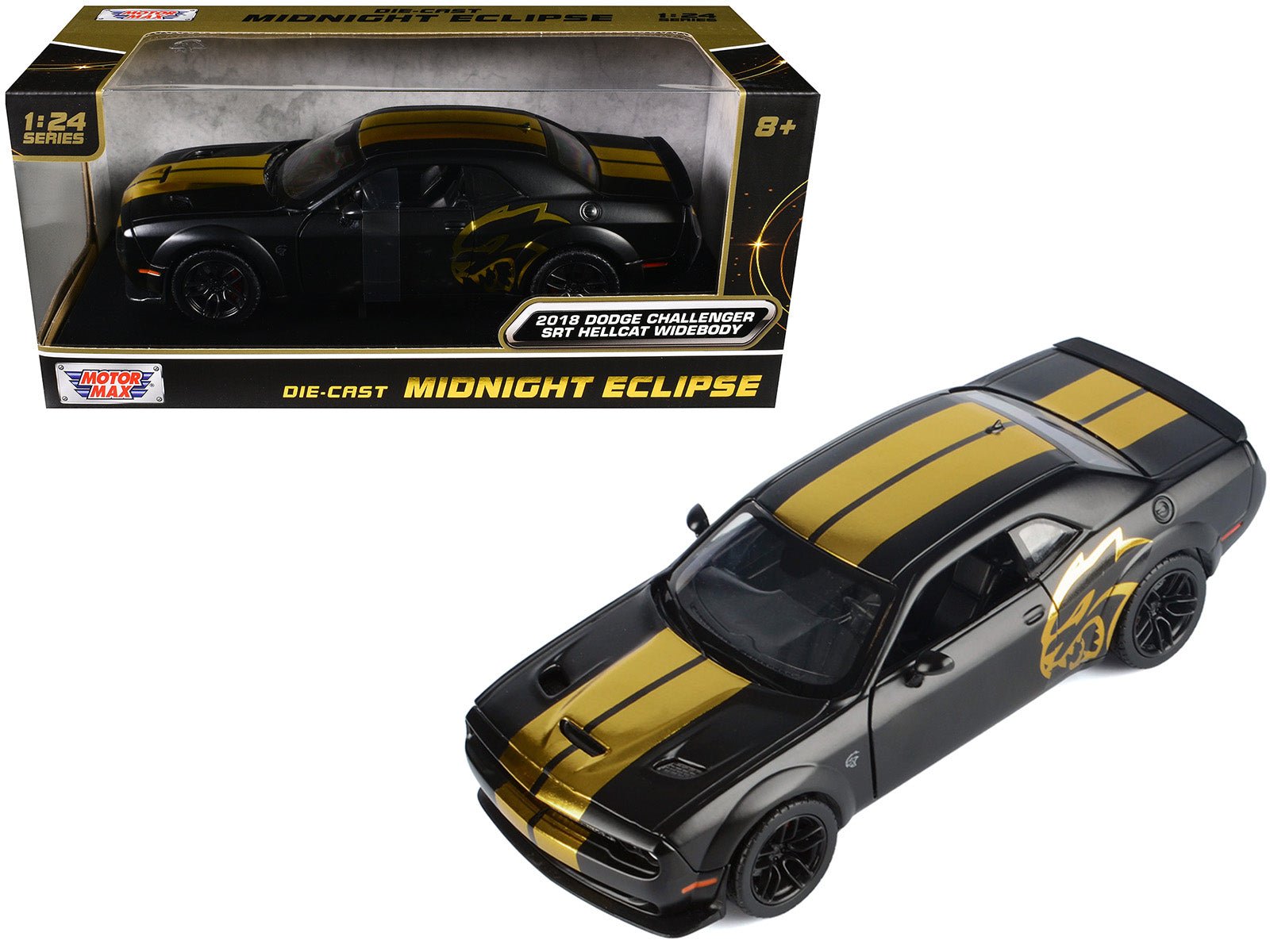 2018 Dodge Challenger SRT Hellcat Widebody Matt Black with Gold Stripes and Graphics "Midnight Eclipse" Series 1/24 Diecast Model Car by Motormax  free shipping USA