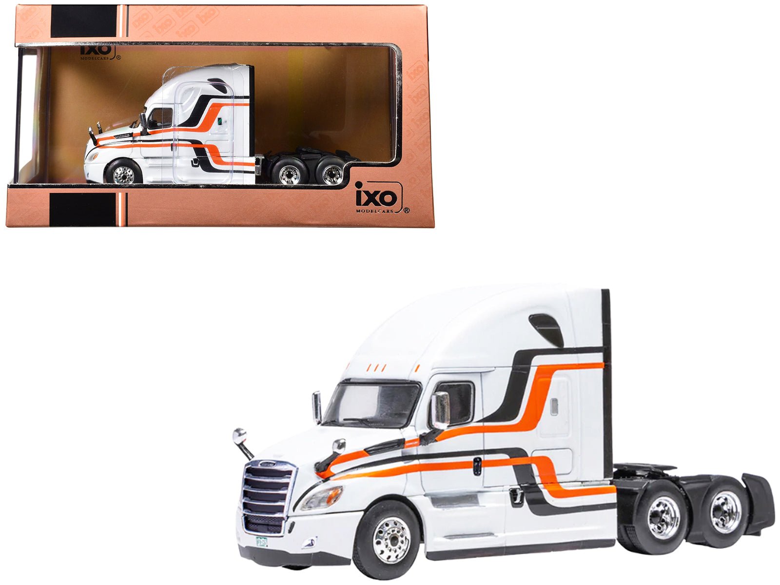 2018 Freightliner Cascadia Truck Tractor White with Black and Orange Stripes 1/64 Diecast Model by IXO Models  free shipping USA