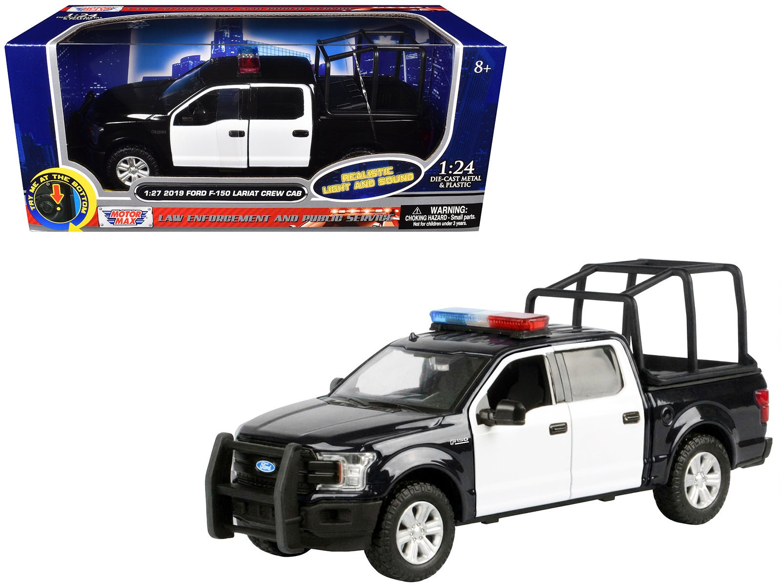 2019 Ford F-150 Lariat Crew Cab Pickup Truck with Bed Cage Black and White with Flashing Light Bar and Front and Rear Lights and Sounds 1/27 Diecast Model Car by Motormax  free shipping USA
