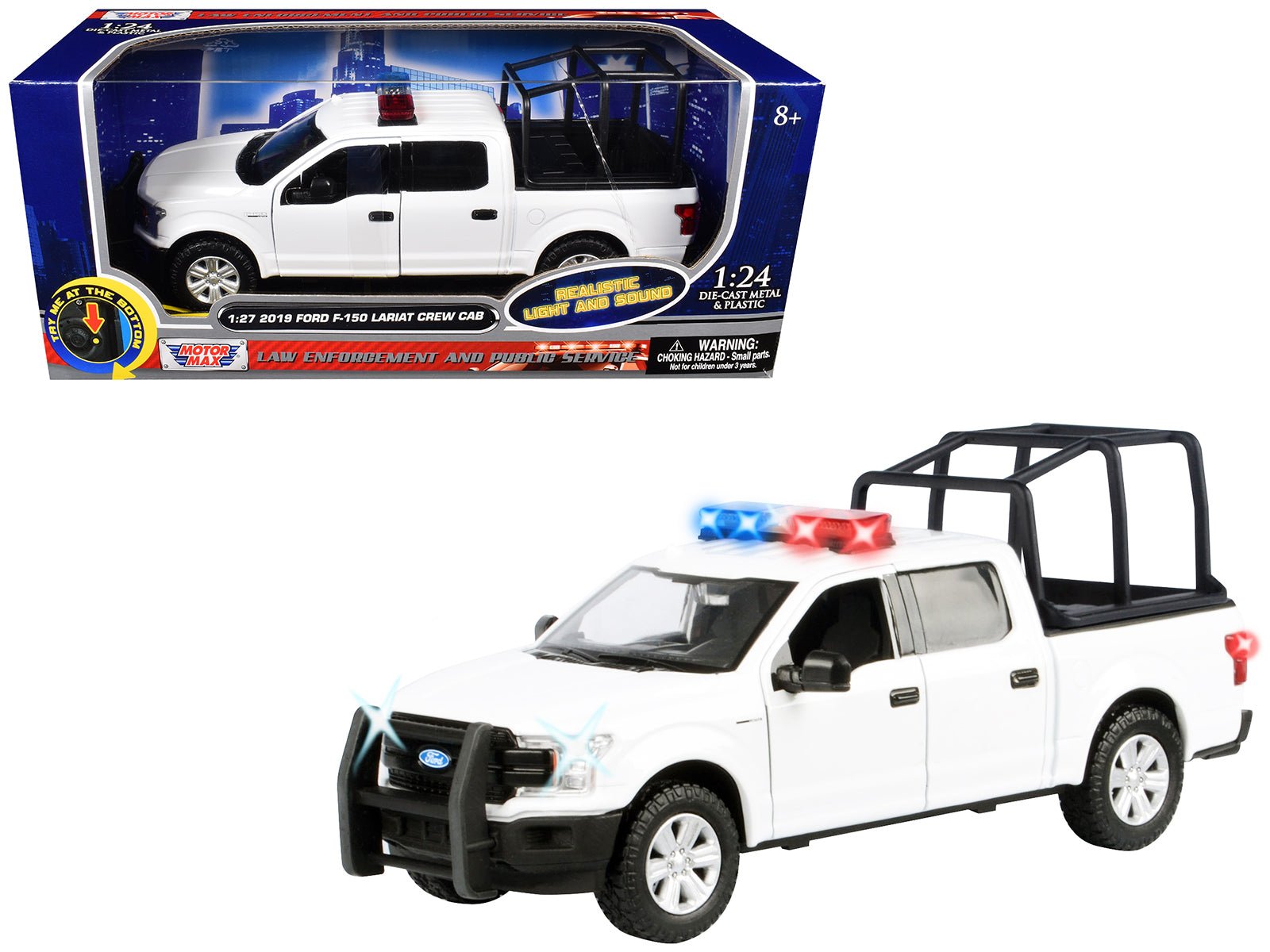 2019 Ford F-150 Lariat Crew Cab Pickup Truck with Bed Cage White with Flashing Light Bar and Front and Rear Lights and Sounds 1/27 Diecast Model Car by Motormax  free shipping USA