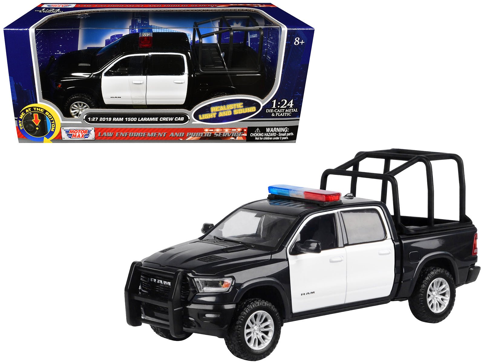 2019 RAM 1500 Laramie Crew Cab Pickup Truck with Bed Cage Black and White with Flashing Light Bar and Front and Rear Lights and Sounds 1/27 Diecast Model Car by Motormax  free shipping USA