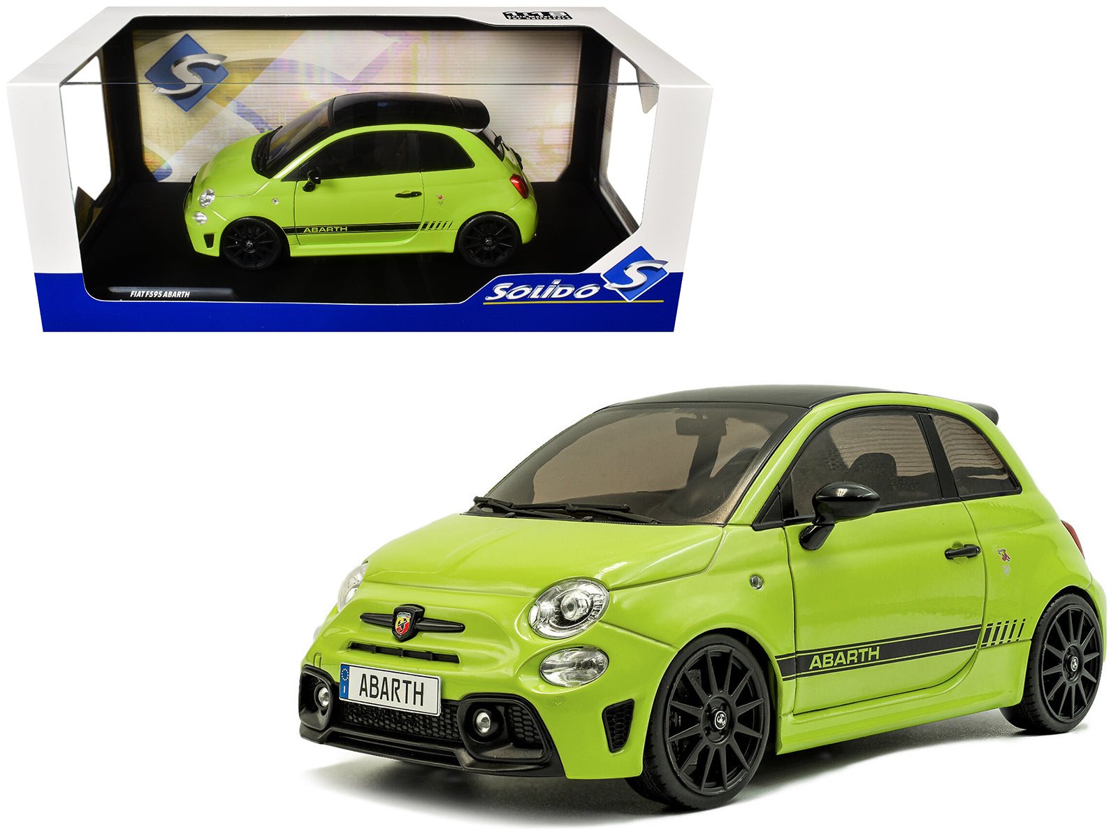 2023 Fiat F595 Abarth Verde Adrenalina Green with Black Top and Stripes 1/18 Diecast Model Car by Solido  free shipping USA