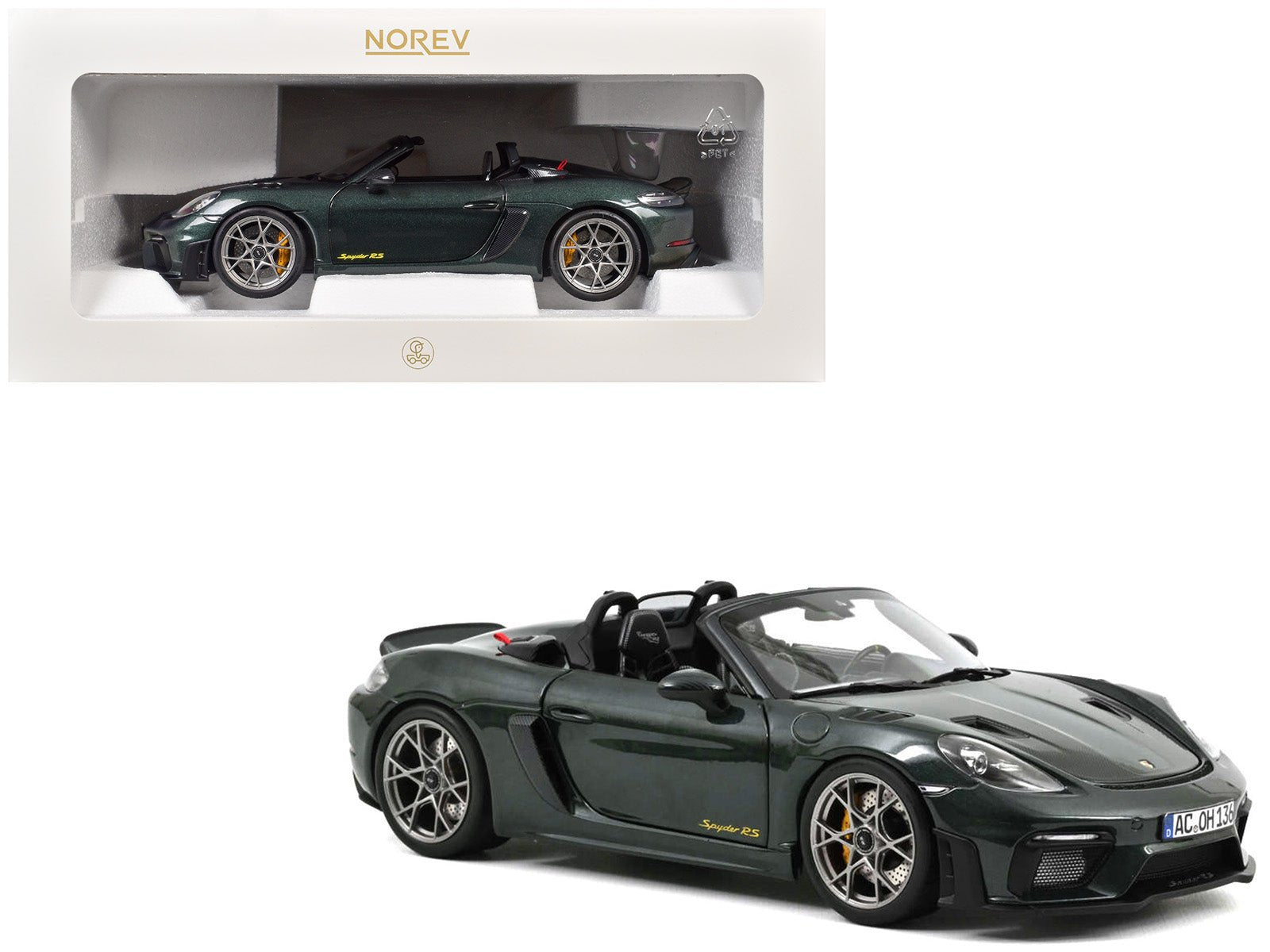 2023 Porsche 718 Spyder RS Weissach Pack Forest Green Metallic with Carbon Hood Stripes 1/18 Diecast Model Car by Norev  free shipping USA