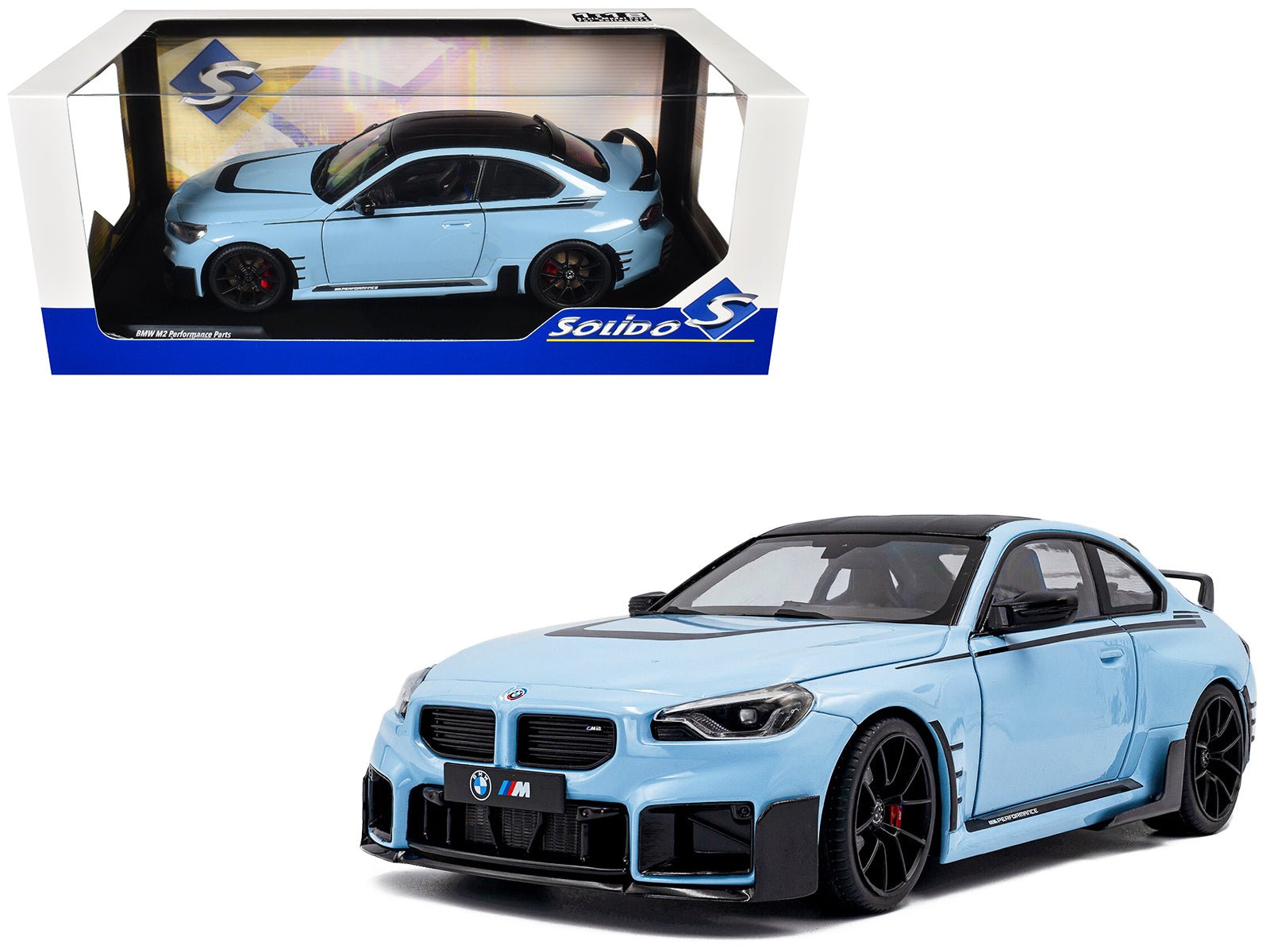 2024 BMW M2 Performance Parts Zandvoort Blue with Carbon Top and Black Stripes 1/18 Diecast Model Car by Solido  free shipping USA