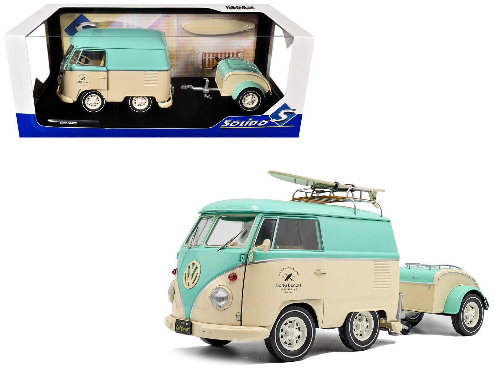 2024 Volkswagen Cool Combi Van with Trailer "Long Beach Surfing Club" Mint Green and Cream with Roof Rack and Surfboard 1/18 Diecast Model Car by Solido  free shipping USA