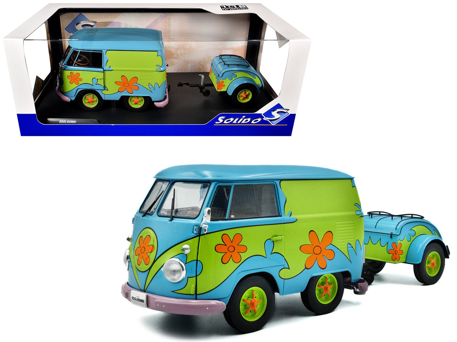 2024 Volkswagen Kool Kombi Van with Trailer "Ghost Hunter" Blue and Green with Graphics 1/18 Diecast Model Car by Solido  free shipping USA
