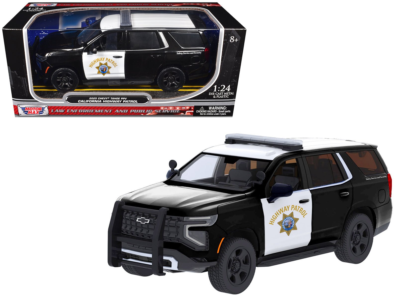 2025 Chevrolet Tahoe Police Pursuit Vehicle "California Highway Patrol" Black and White "Law Enforcement and Public Service" Series 1/24 Diecast Model Car by Motormax  free shipping USA