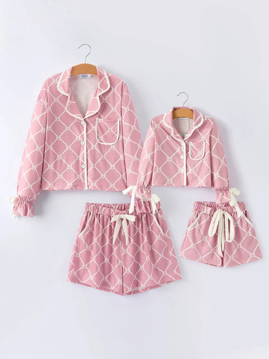 Mommy & me Autumn Check Bow Girls Lapel Pajamas - BIG FRENCHIES