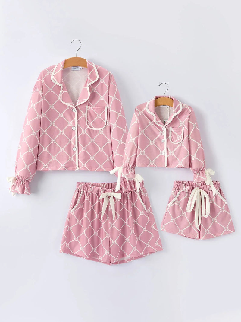 Mommy & me Autumn Check Bow Girls Lapel Pajamas - BIG FRENCHIES