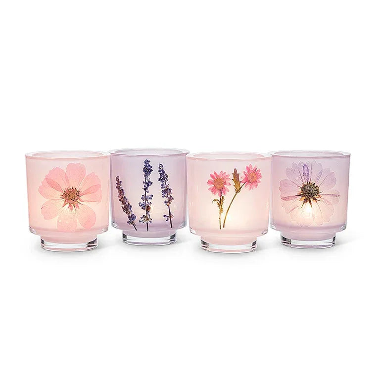 Frosted Glass Votive Candle Holder With Pressed Flowers Set of 4 - BIG FRENCHIES