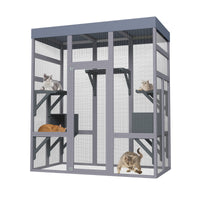 62.6" Wooden Outdoor Catio for Cats, Large Cat Enclosure with Waterproof Roof, 2 Napping House, Platforms & Galvanized W