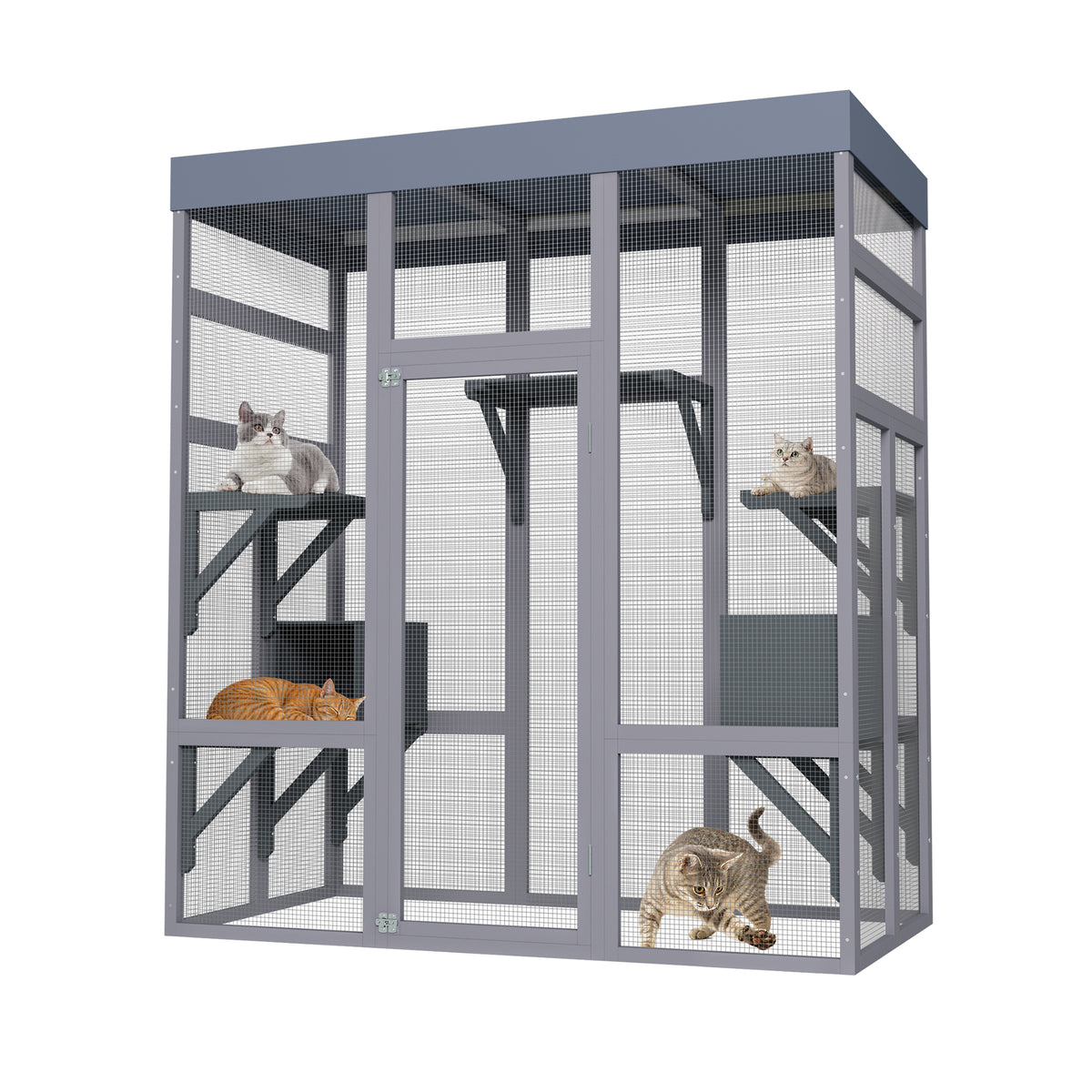 62.6" Wooden Outdoor Catio for Cats, Large Cat Enclosure with Waterproof Roof, 2 Napping House, Platforms & Galvanized W