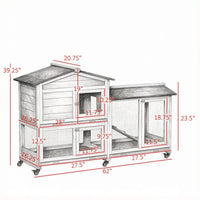 62 Inch Indoor Outdoor Wooden Rabbit Hutch with Wheels Run Box Slide-out Tray and Ramp