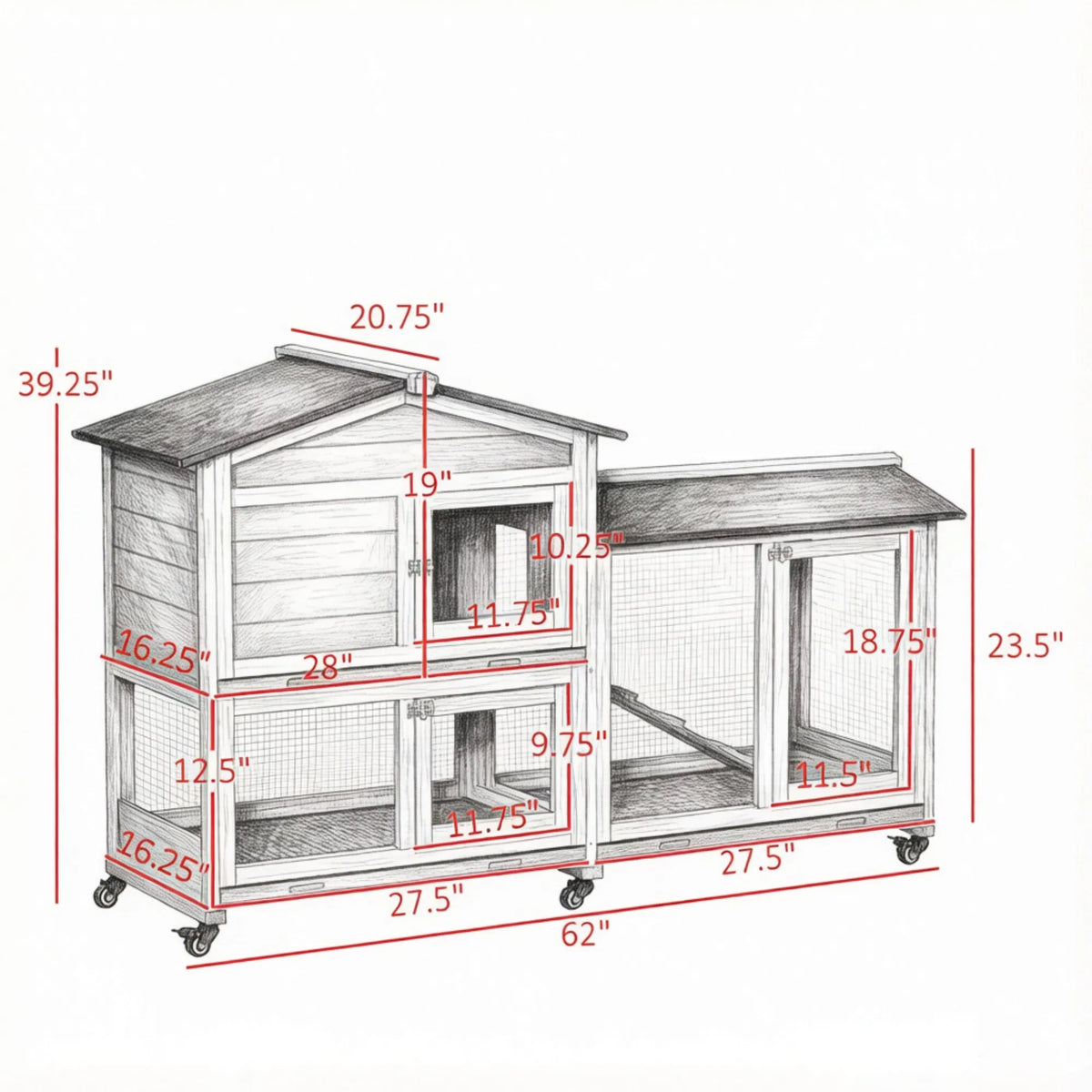 62 Inch Indoor Outdoor Wooden Rabbit Hutch with Wheels Run Box Slide-out Tray and Ramp