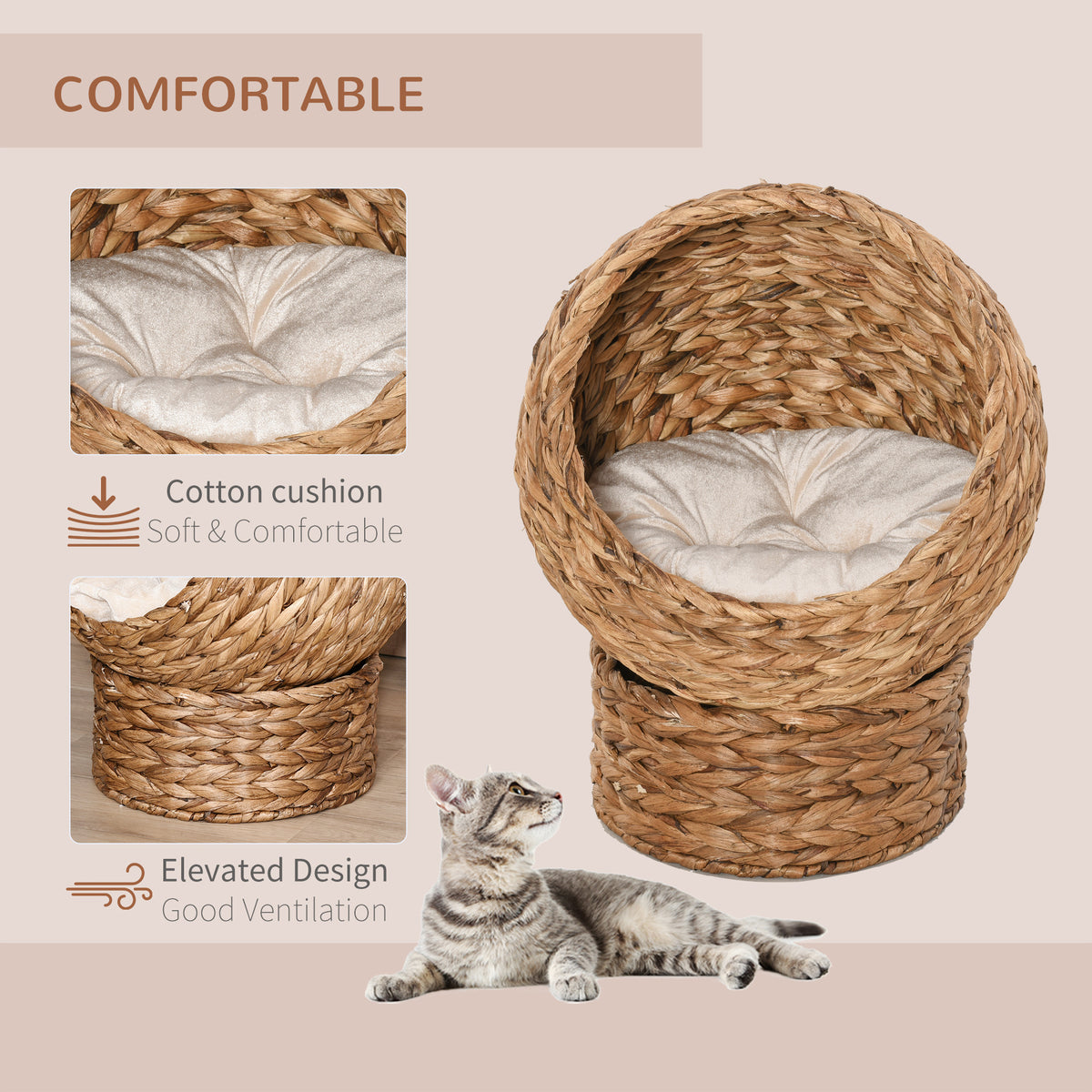 Handwoven Elevated Cat Bed with Soft Cushion & Egg Chair Shape, Basket Bed Kitty House with Stand, Raised Wicker House f