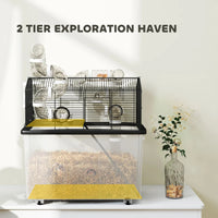 2 Tier Hamster Cage With 12 Deep Tray, Tube System, Water Bottle, Ramp, Feeding Bowl, Black