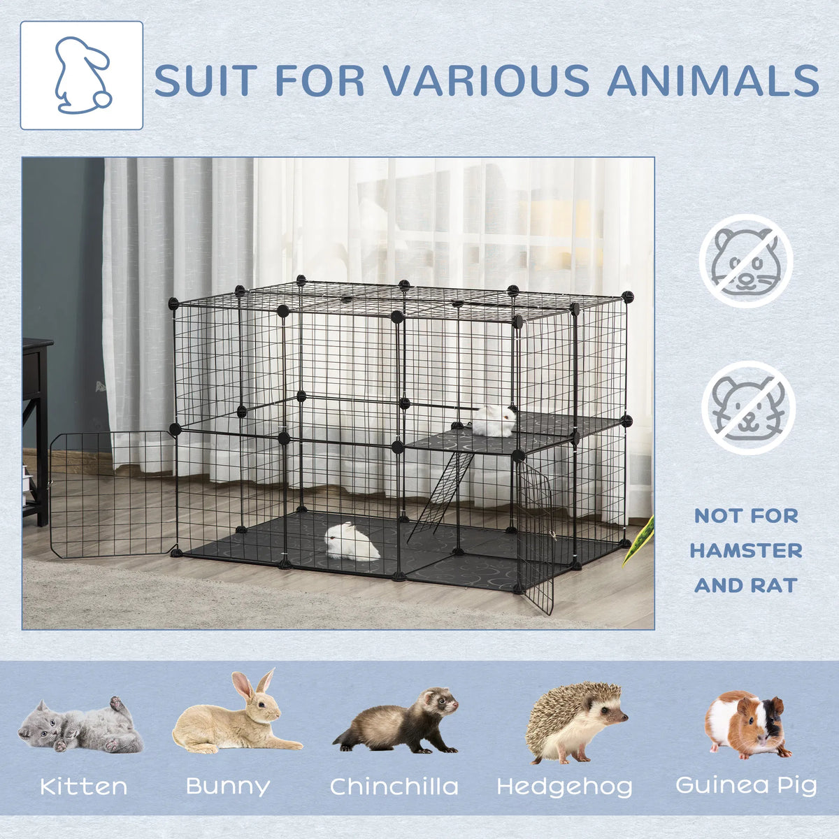 39 Pcs Small Animal Cage Bunny Hutch Portable Metal Wire with Ramps for Kitten Chinchilla, Black