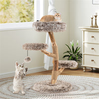 Multi-level Natural Pear Wood Cat Tree, Sisal Scratching Posts, Plush Balls, Long Plush Fabric
