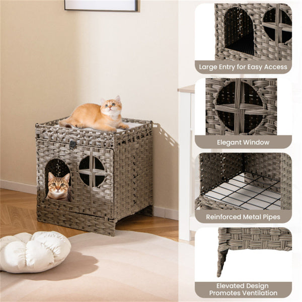 2-Tier Wicker Cat Condo With Litter Mat - Hidden Litter Box Enclosure, Detachable Washable Cushion, Gray Rattan