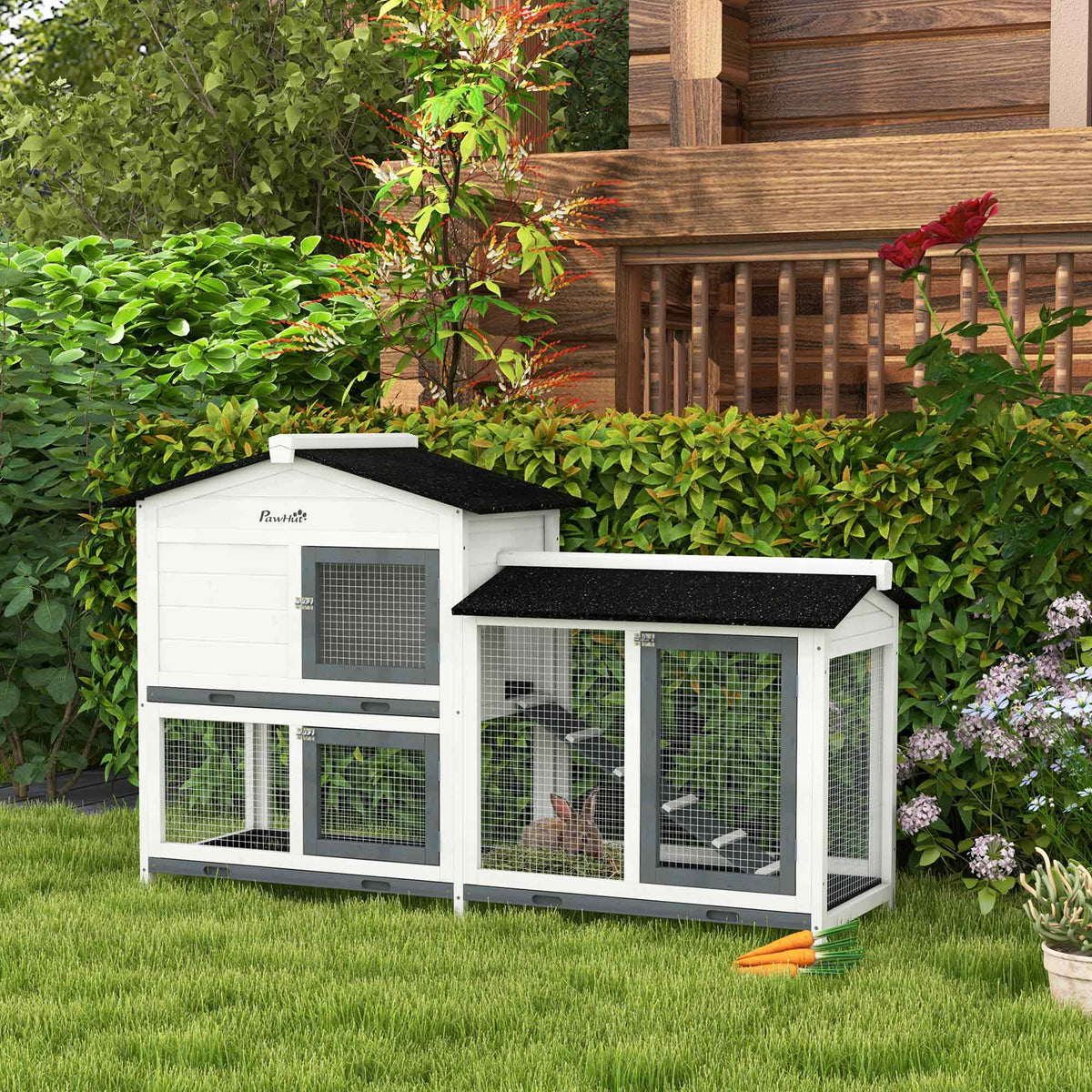62" Rabbit Hutch, Wooden Bunny Hutch, Guinea Pig Cage, Small Animal Enclosure with Run Area, Removable Tray, Asphalt Roo