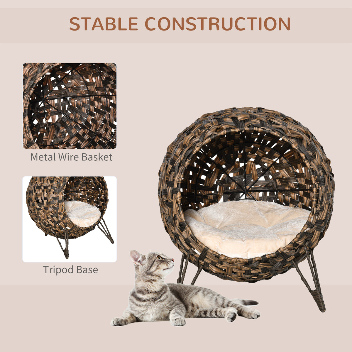 20.5" Weaved Cat Bed, Elevated Hand-woven Braided Banana Leaf Kitten House Condo with Cushion, Brown