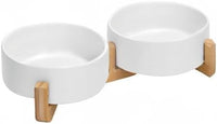SPUNKYJUNKY Ceramic Dog and Cat Bowl with Wood Stand Non-Slip Matte Glaze Weighted Food Water Set for Cats &Small Dogs 13.5 OZ