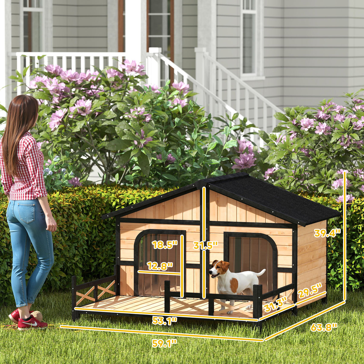 Dog House Outdoor, Wooden Dog Kennel Weatherproof with Porch, Openable Roof, Removable Bottom, Elevated Floor, Double Ro