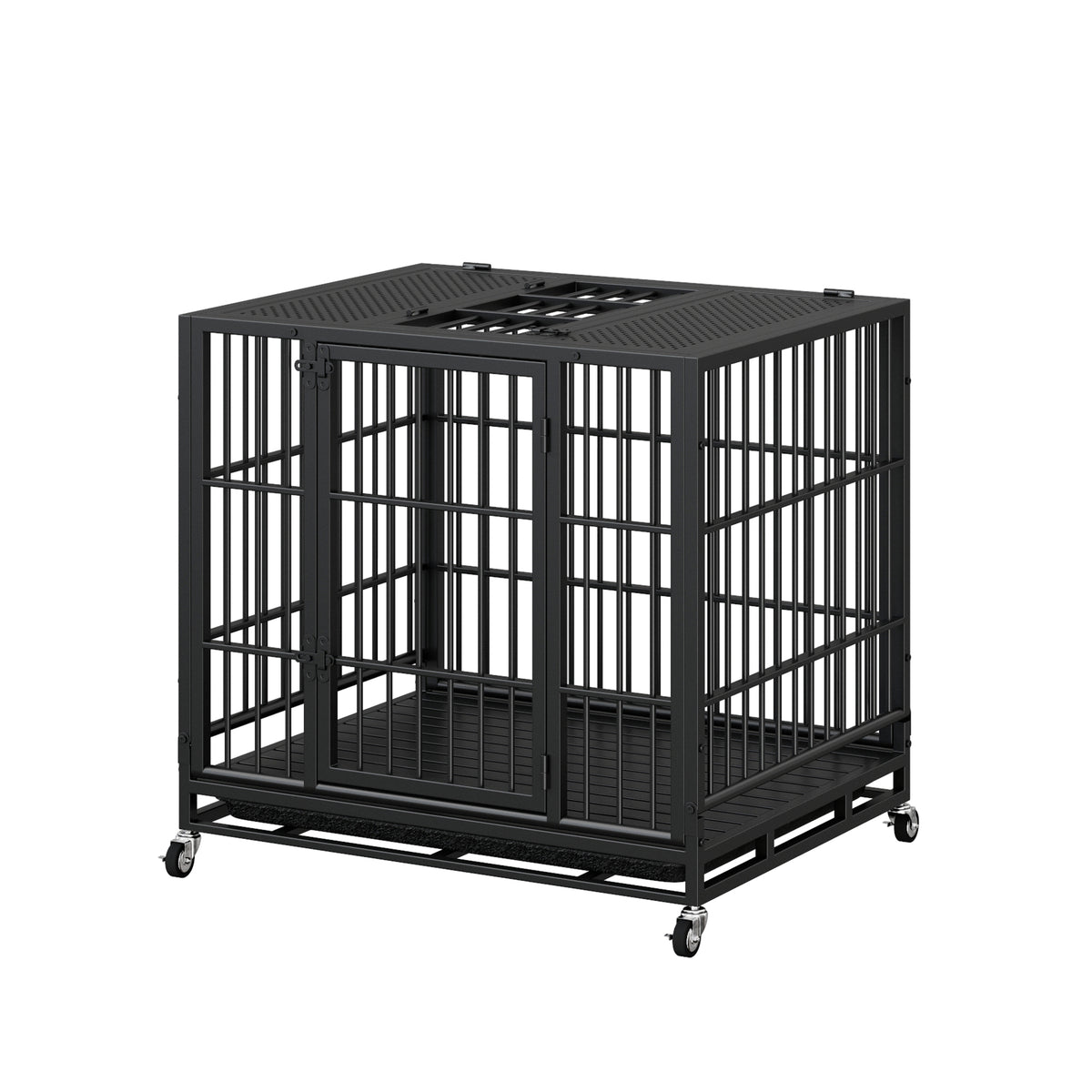 Heavy Duty Dog Crate , Mobile Pet Kennel with Lockable Wheels & Rotary Twist-Latch, Indoor Outdoor Metal Cage with Perfo