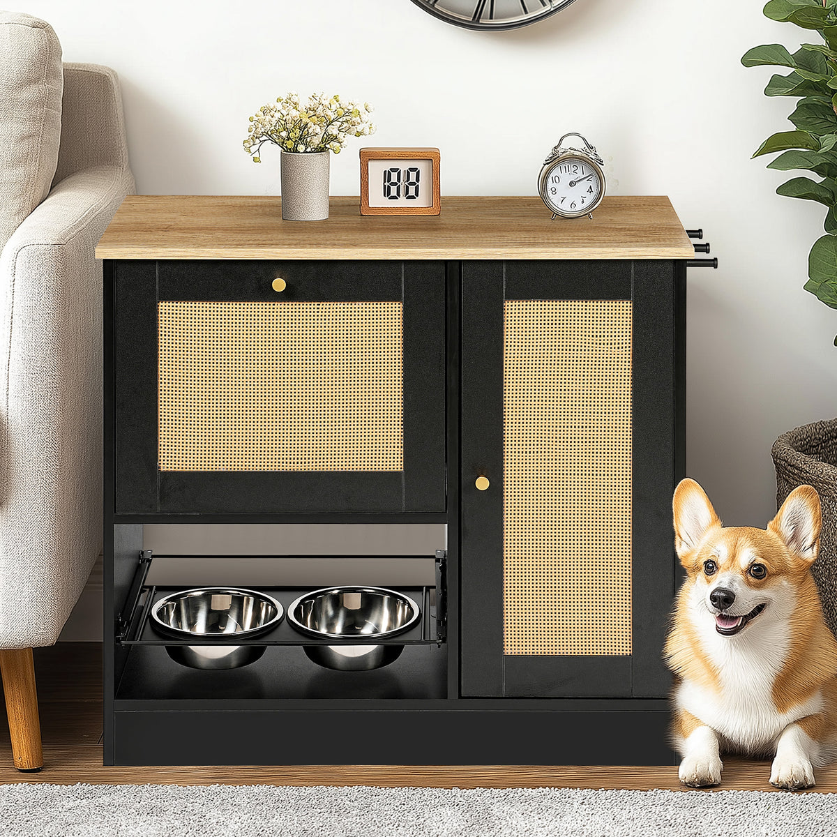 Feeding station with 2 lockers, pet feeding station with 2 elevated dog bowls, side hooks, anti-tipping kit, hidden pet 
