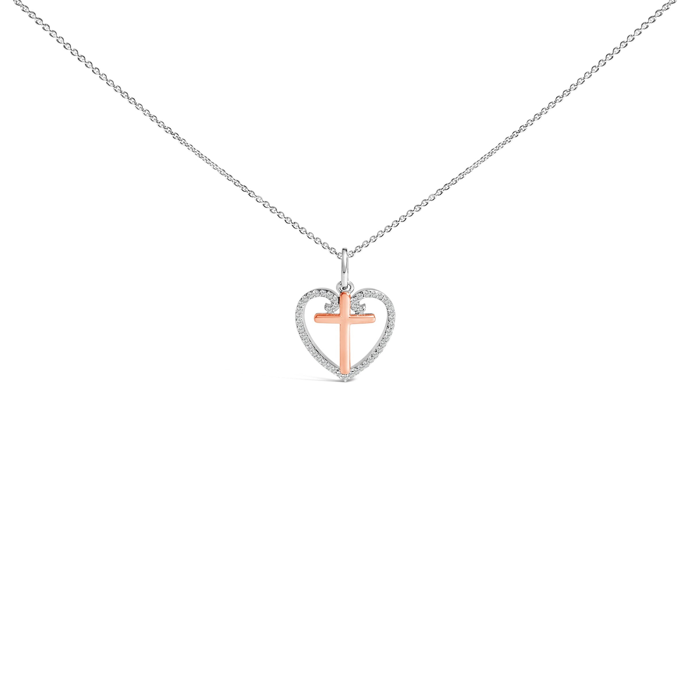14K Rose Gold Plated Sterling Silver 1/5 Cttw Diamond Heart Cross Pendant Necklace