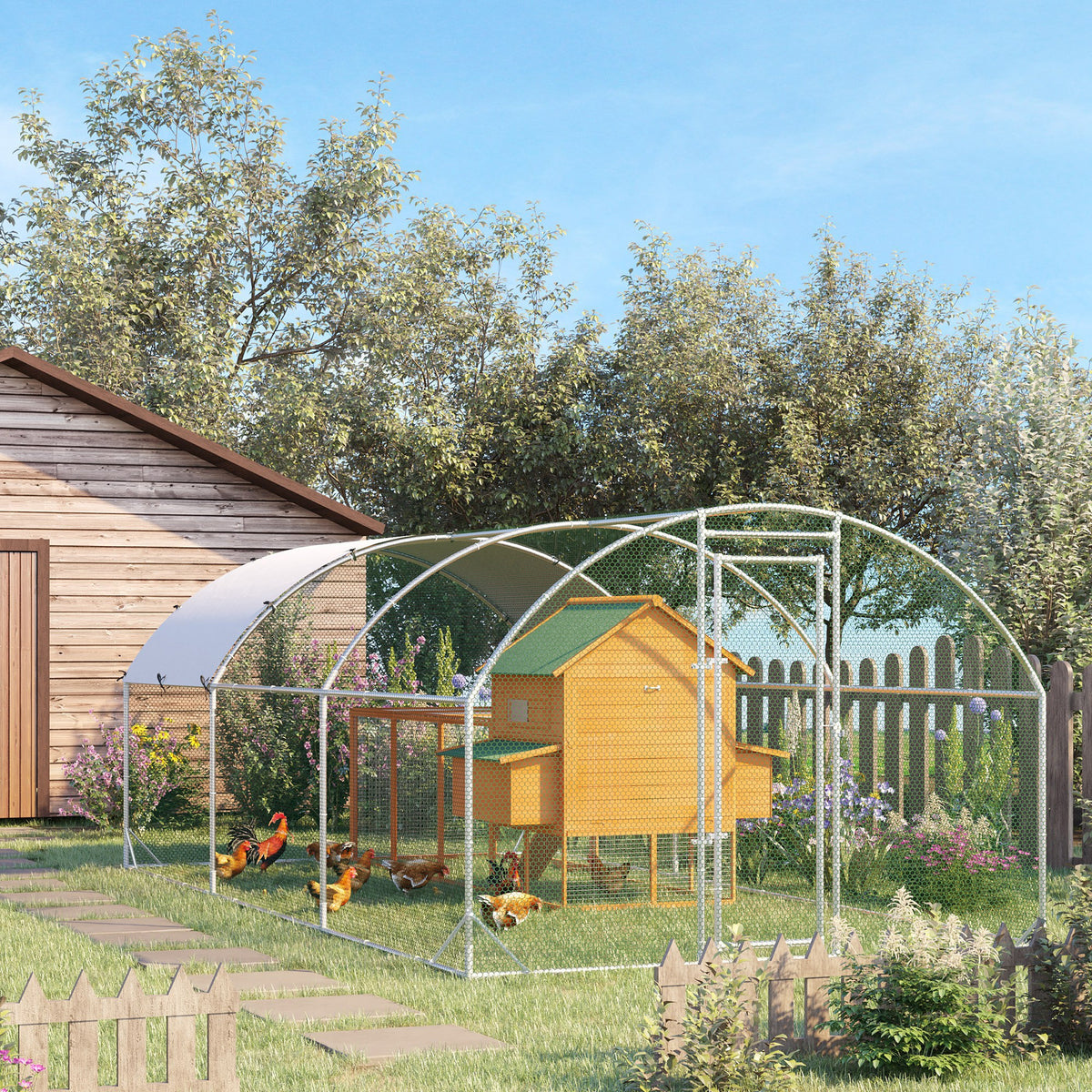 Large Chicken Coop Metal Chicken Run with Waterproof and Anti-UV Cover, Dome Shaped Walk-in Fence Cage Hen House for Out