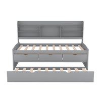 Twin Size Wooden Captain Bed with Built-in Bookshelves,Three Storage Drawers and Trundle Light Grey
