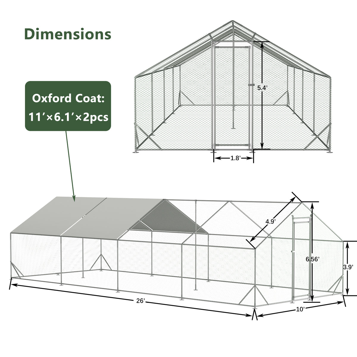 Large Metal Chicken Coop, Walk-in Chicken Run, Galvanized Wire Poultry Chicken Hen Pen Cage, Rabbits Duck Cages With Wat