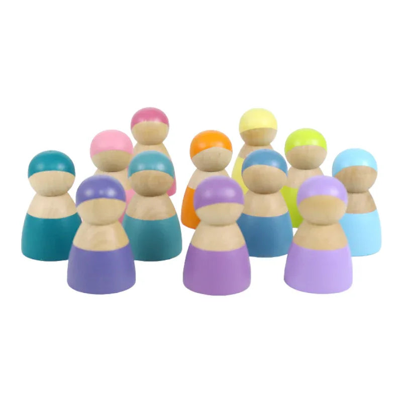12-Piece Wooden Peg Dolls – Pastel/Macaron Colors - BIG FRENCHIES