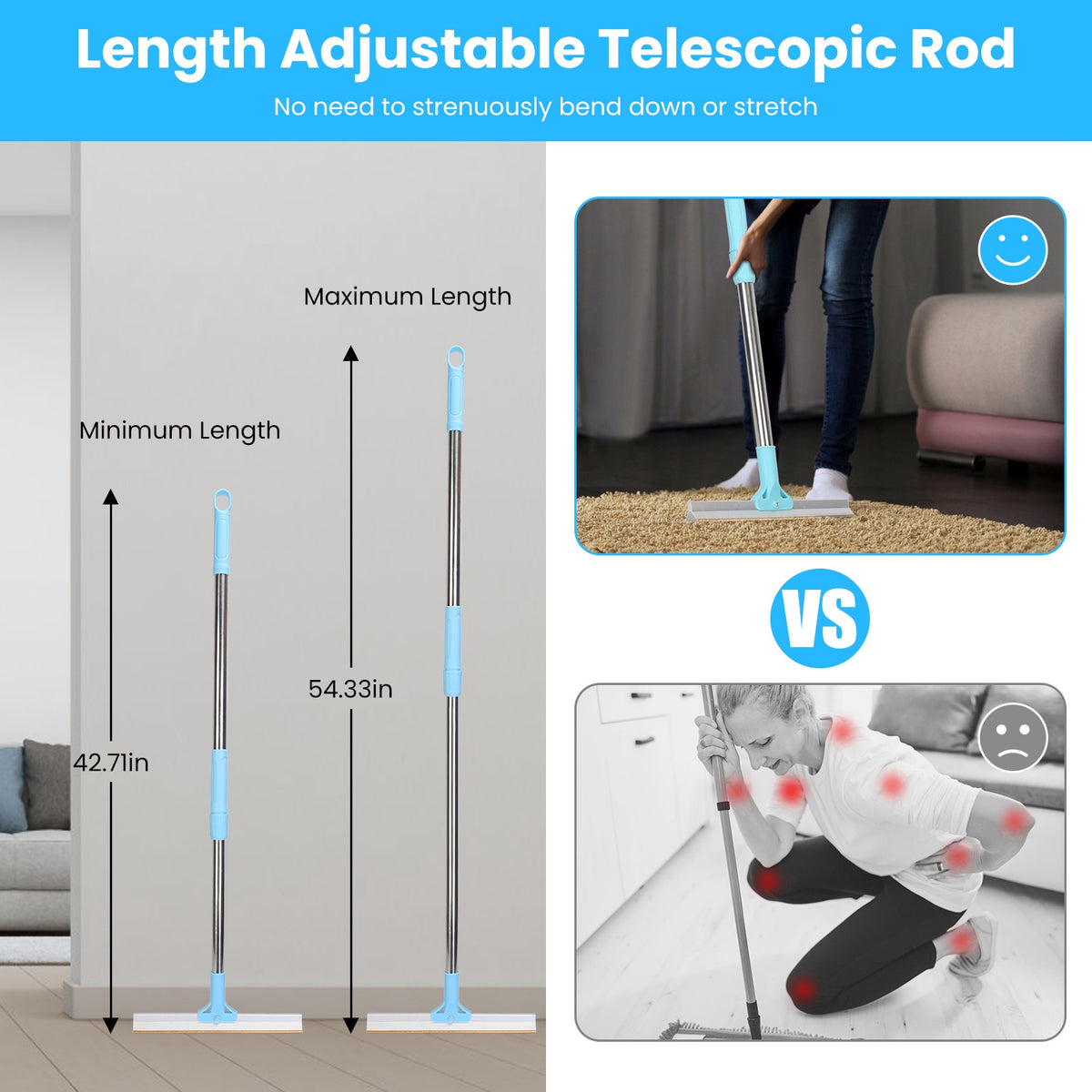 1Pc Pet Hair Removal Rake With 54.33in Adjustable Telescopic Rod Multi-Fabric Dog Cat Hair Scraper Lint Shaver For Carpe