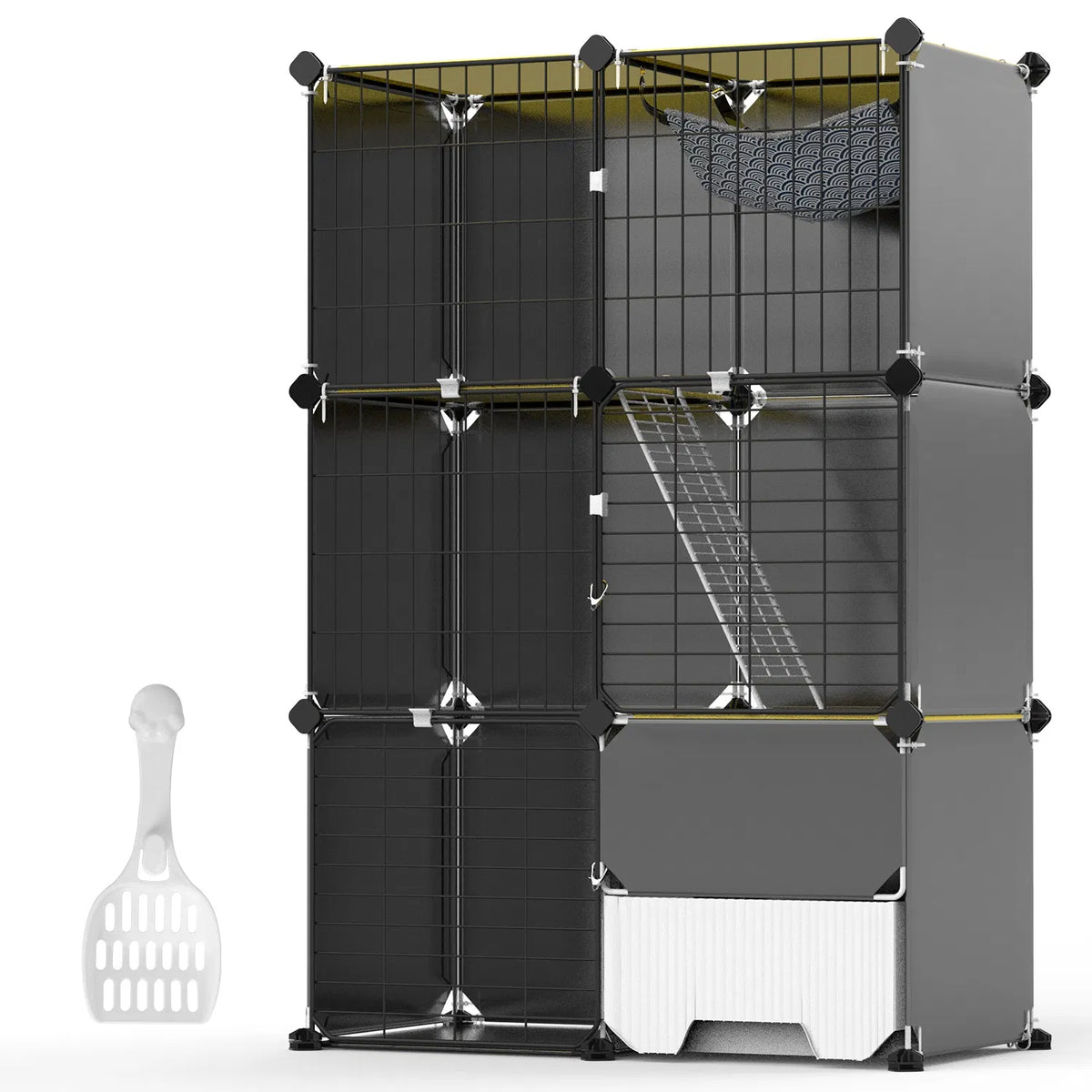 1Pc 3 Tier Cat Cage Indoor with Litter Box Hammock Detachable Metal Wire Cat Kennel Cat House Cat Enclosure with Ladder 