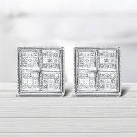 14K White Gold 1/2 Cttw Princess Diamond Composite Box Shape Milgrain Stud Earrings (H-I Color, SI1-SI2 Clarity)