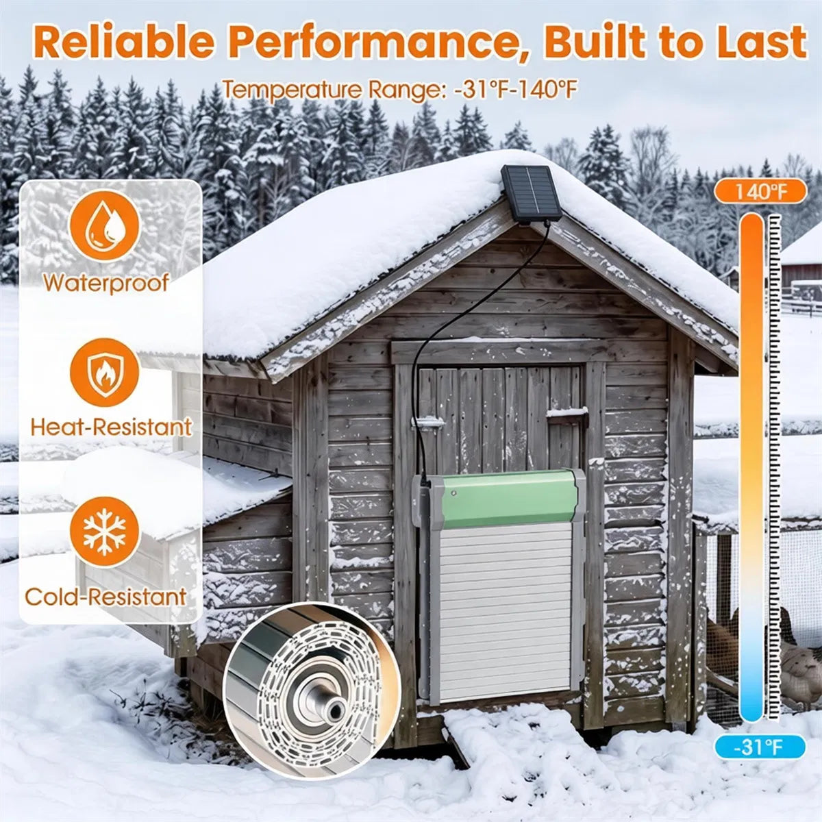 Solar Powered Automatic Chicken Coop Door with 4 Modes Light Sensor Timer Remote Control, Anti-Pinch Weatherproof Alumin