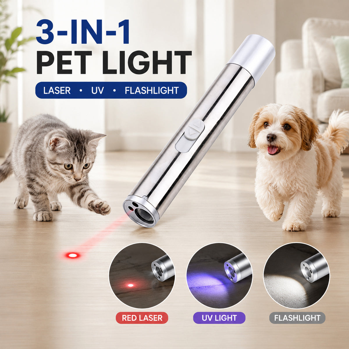 3-in-1 Pet Laser Pointer For Cats & Dogs,Cat Laser Pointer, USB Rechargeable Pet Toy With Red Laser, UV Light & LED Flas