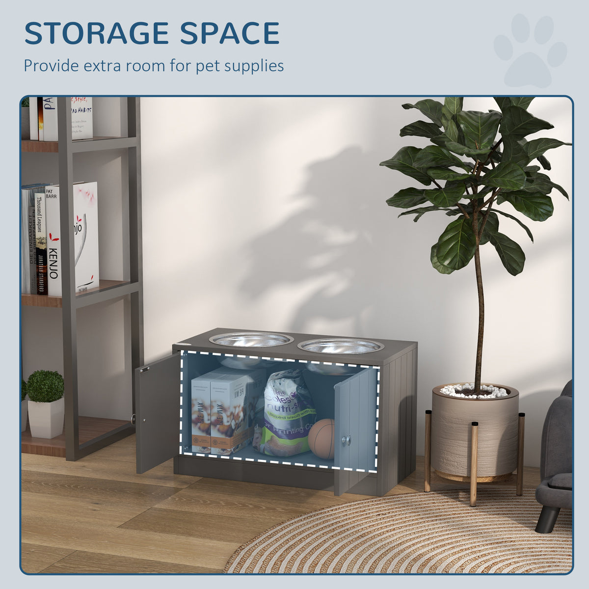 Elevated Dog Bowls with Storage Cabinet Containing Large 44L Capacity, Gray
