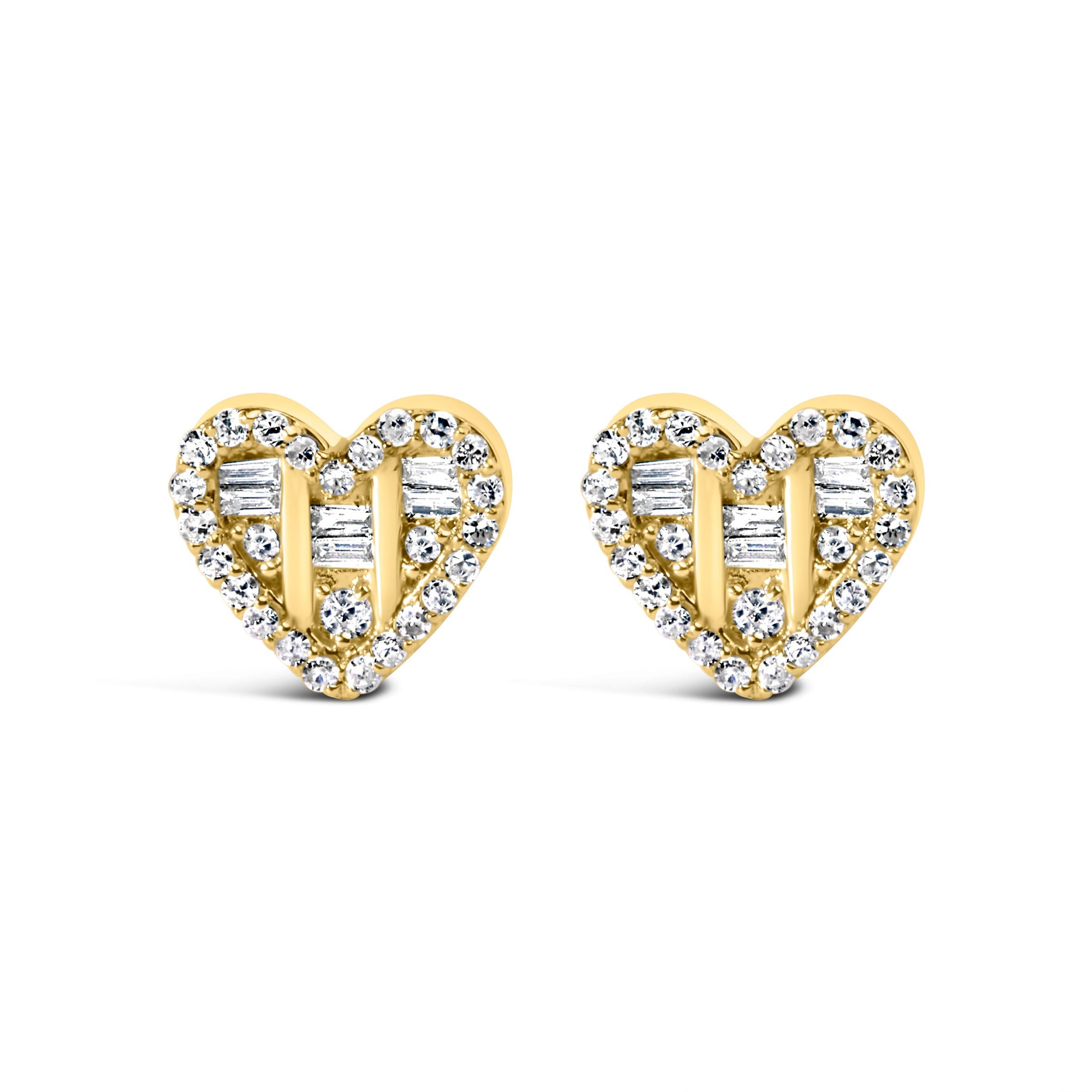 14K Yellow Gold Plated .925 Sterling Silver 1/2 Cttw Round and Baguette Diamond Composite Heart Shaped Stud Earring (I-J Color, SI2-I1 Clarity)