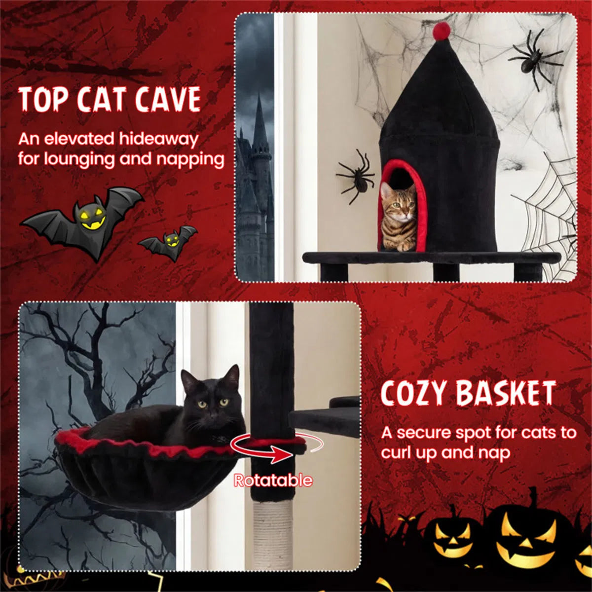 Gothic 5-Level Cat Tree 63" Tall with Sisal Scratching Posts Black Red Cat Tower