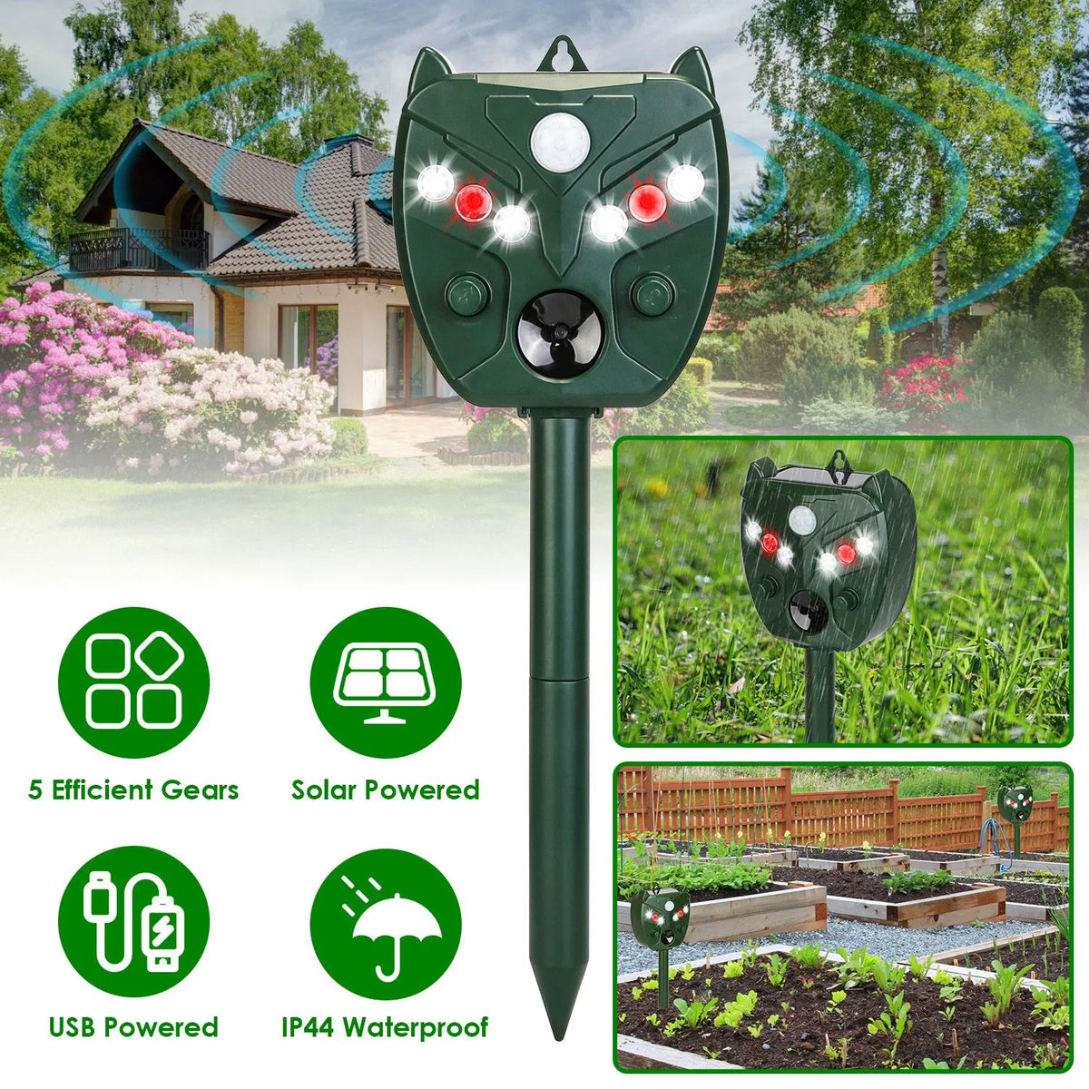 5Setting Outdoor Ultrasonic Deterrent Unit, Solar and Micro USB Dual Charging, PIR Motion Detection, IP44 ABS Constructi